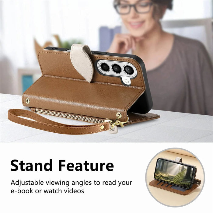 For Samsung Galaxy A57 5G Stand Case Leaf Shape Magnetic Clasp Leather Phone Cover with Hand Strap - Brown - 5