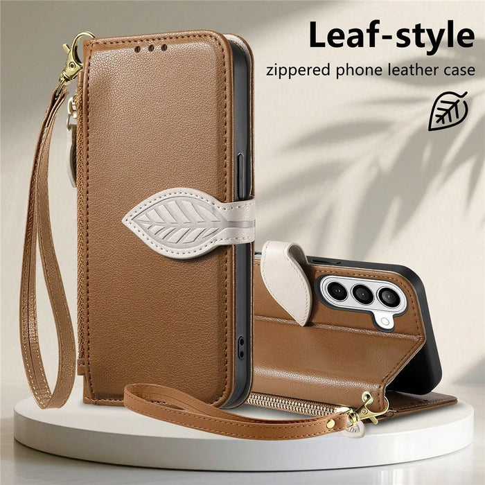 For Samsung Galaxy A57 5G Stand Case Leaf Shape Magnetic Clasp Leather Phone Cover with Hand Strap - Brown - 6