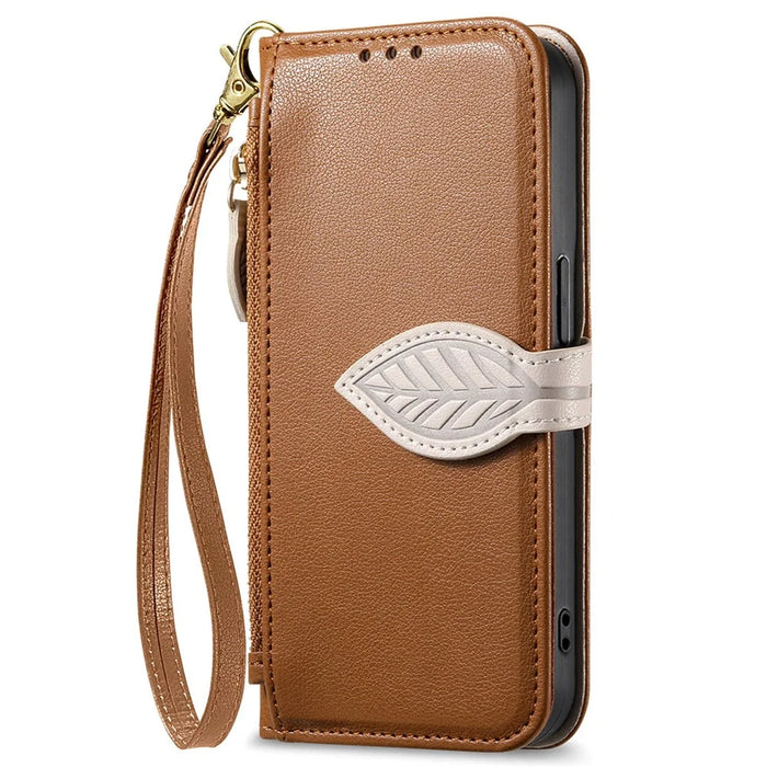 For Samsung Galaxy A57 5G Stand Case Leaf Shape Magnetic Clasp Leather Phone Cover with Hand Strap - Brown - 7