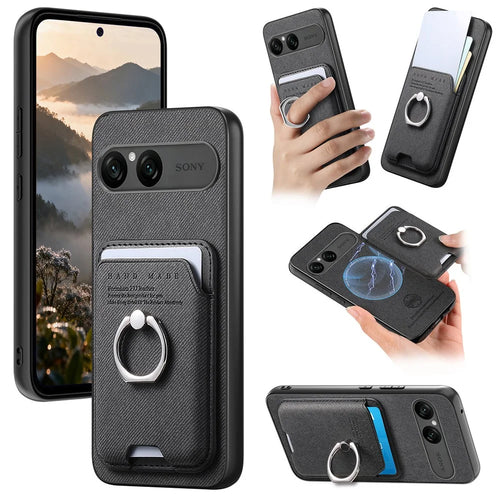 For Sony Xperia 10 VII Case Cloth Texture  Leather + PC + TPU Phone Cover with Detachable Magnetic Ring Kickstand Card Holder - Black - 1