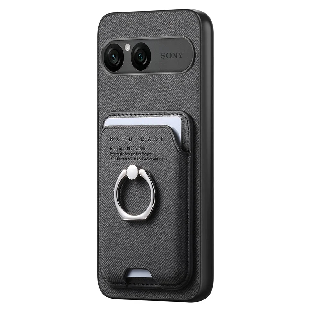 For Sony Xperia 10 VII Case Cloth Texture  Leather + PC + TPU Phone Cover with Detachable Magnetic Ring Kickstand Card Holder - Black - 2