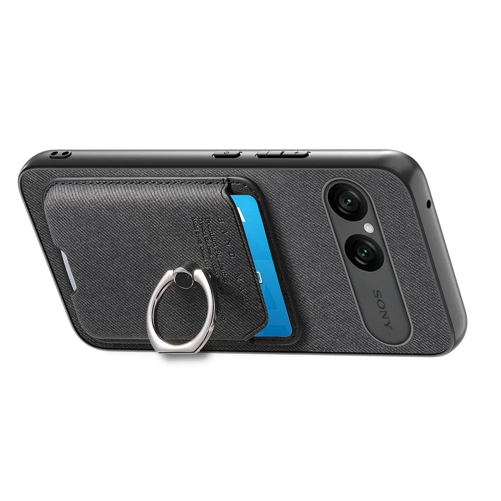 For Sony Xperia 10 VII Case Cloth Texture  Leather + PC + TPU Phone Cover with Detachable Magnetic Ring Kickstand Card Holder - Black - 4