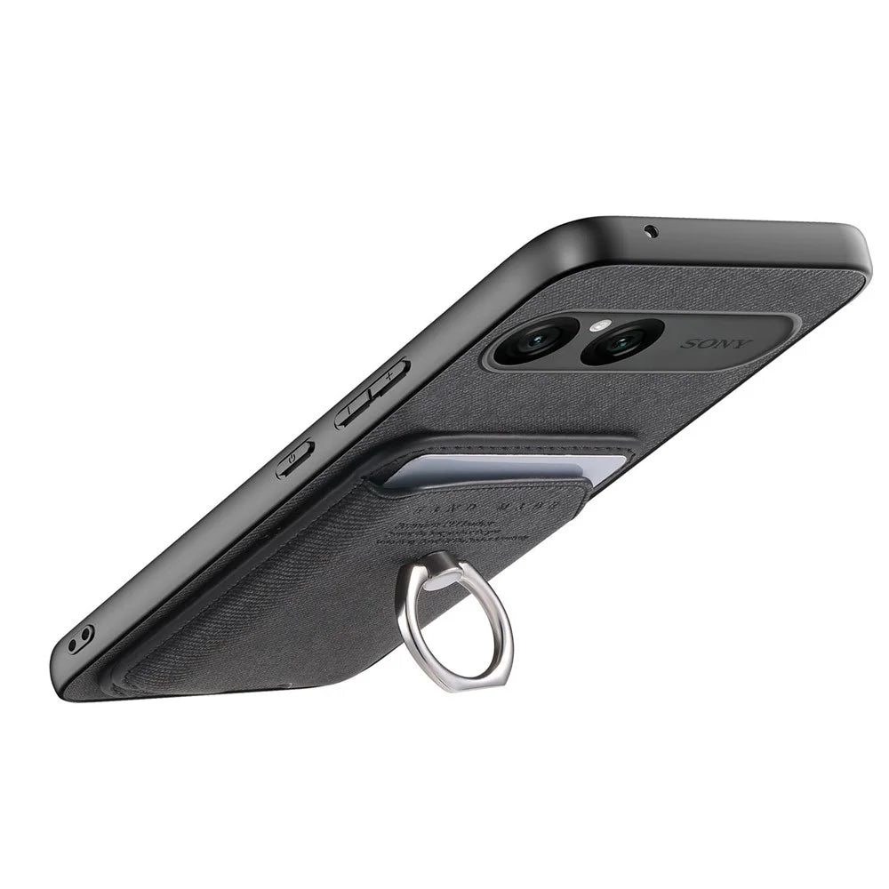 For Sony Xperia 10 VII Case Cloth Texture  Leather + PC + TPU Phone Cover with Detachable Magnetic Ring Kickstand Card Holder - Black - 5
