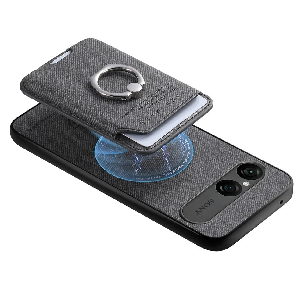 For Sony Xperia 10 VII Case Cloth Texture  Leather + PC + TPU Phone Cover with Detachable Magnetic Ring Kickstand Card Holder - Black - 6