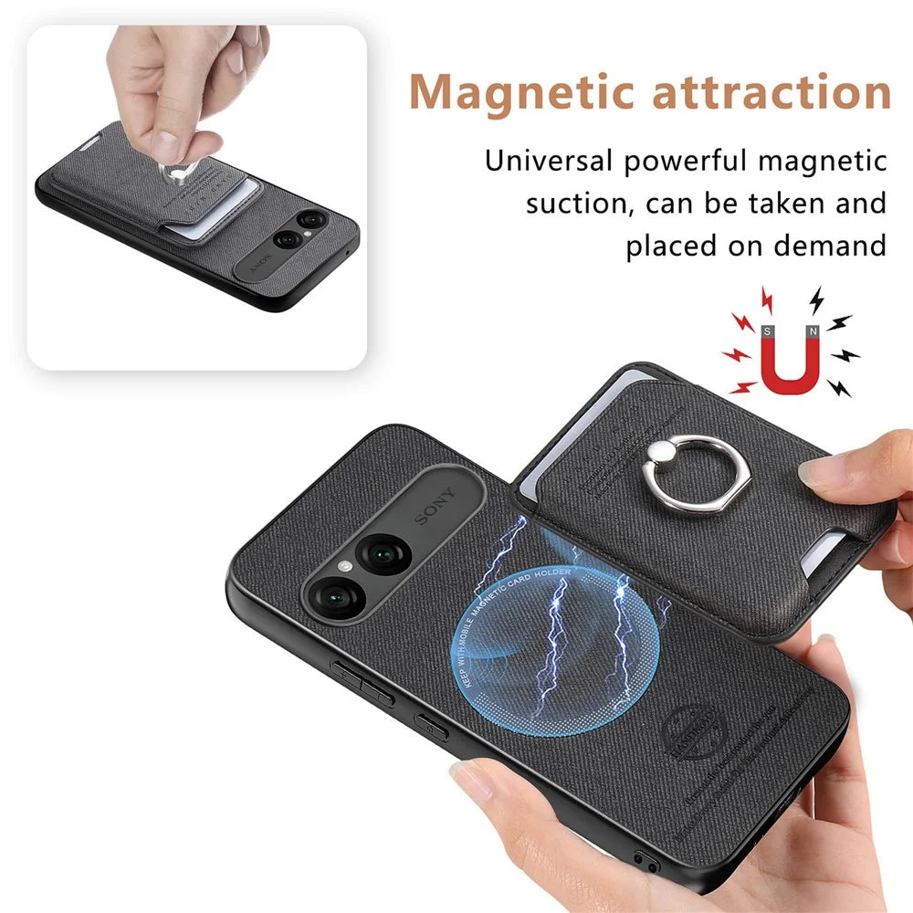 For Sony Xperia 10 VII Case Cloth Texture  Leather + PC + TPU Phone Cover with Detachable Magnetic Ring Kickstand Card Holder - Black - 7