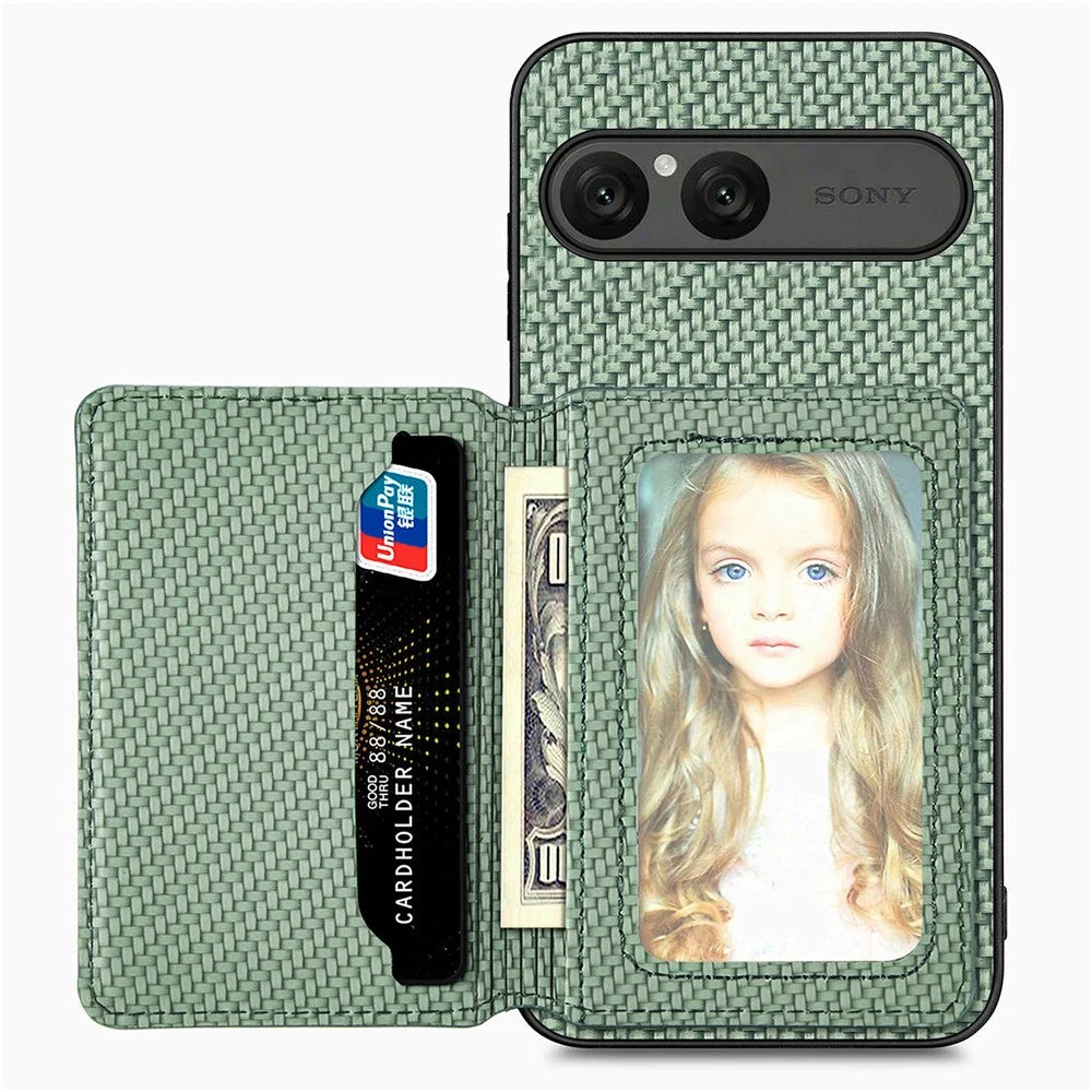 For Sony Xperia 10 VII Case RFID Blocking Carbon Fiber Leather Phone Back Cover with Card Holder - Green - 1