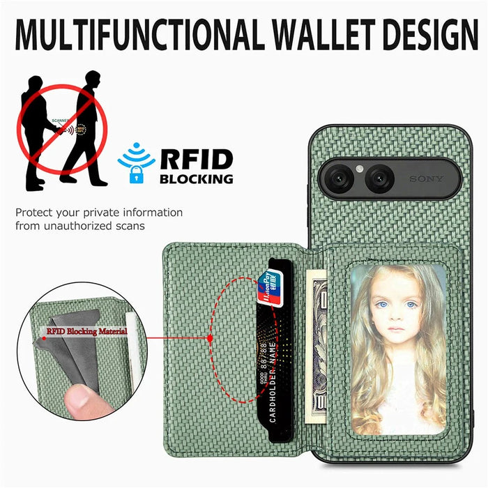 For Sony Xperia 10 VII Case RFID Blocking Carbon Fiber Leather Phone Back Cover with Card Holder - Green - 4