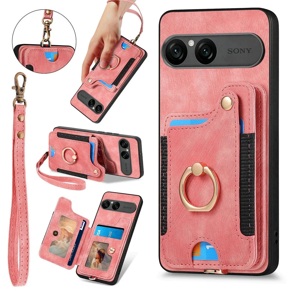 For Sony Xperia 10 VII Retro PU Leather Case Phone Cover with RFID Blocking Card Holder  /  Ring Holder - Pink - 1
