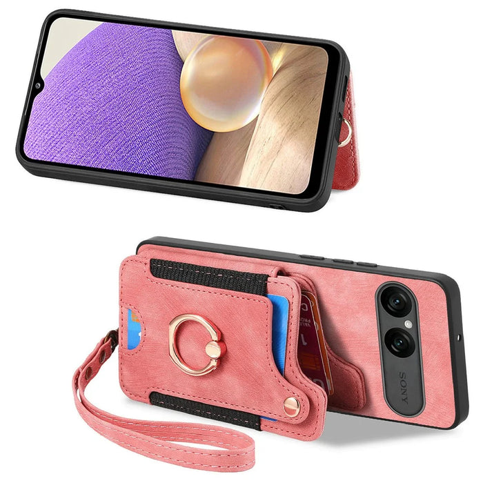 For Sony Xperia 10 VII Retro PU Leather Case Phone Cover with RFID Blocking Card Holder  /  Ring Holder - Pink - 2