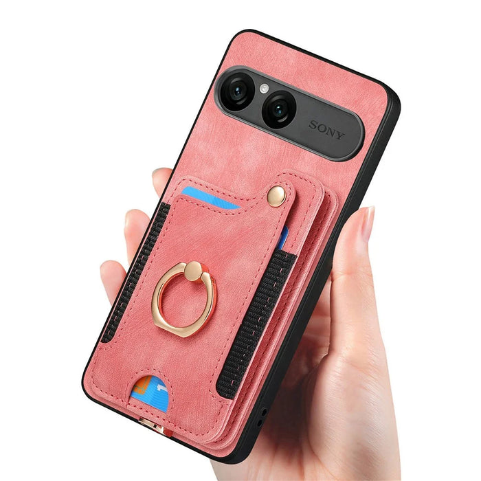 For Sony Xperia 10 VII Retro PU Leather Case Phone Cover with RFID Blocking Card Holder  /  Ring Holder - Pink - 4