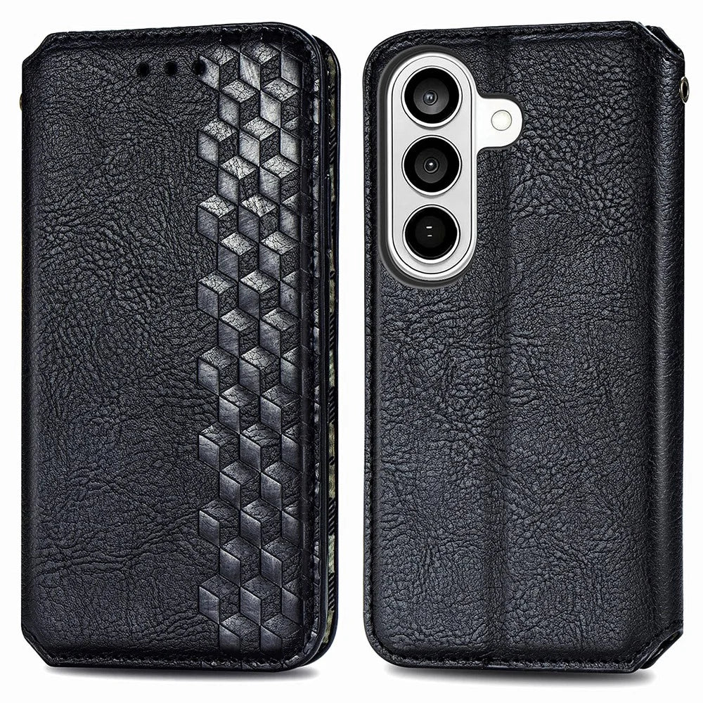 For Samsung Galaxy A57 5G Case Rhombus Imprint PU Leather Wallet Phone Cover - Black - 1
