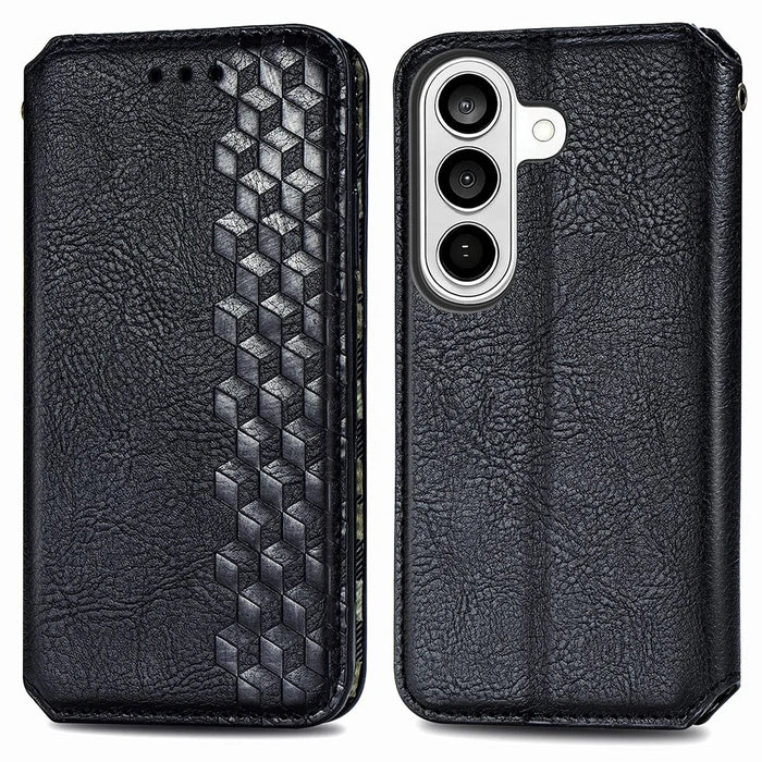 For Samsung Galaxy A37 5G Case Rhombus Imprint PU Leather Wallet Phone Cover - Black - 1