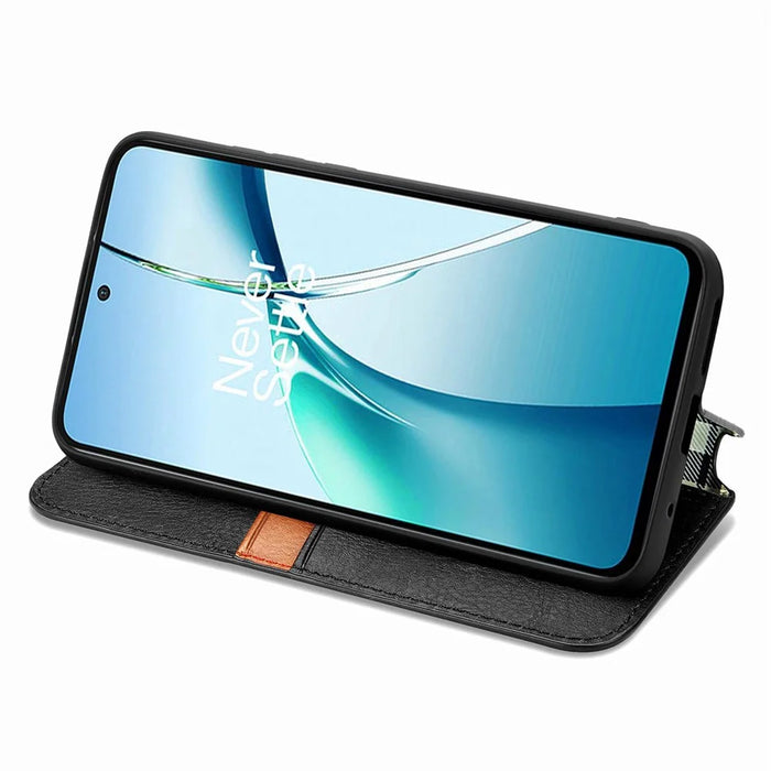 For Samsung Galaxy A37 5G Case Rhombus Imprint PU Leather Wallet Phone Cover - Black - 3