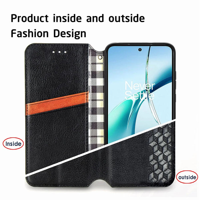 For Samsung Galaxy A37 5G Case Rhombus Imprint PU Leather Wallet Phone Cover - Black - 6