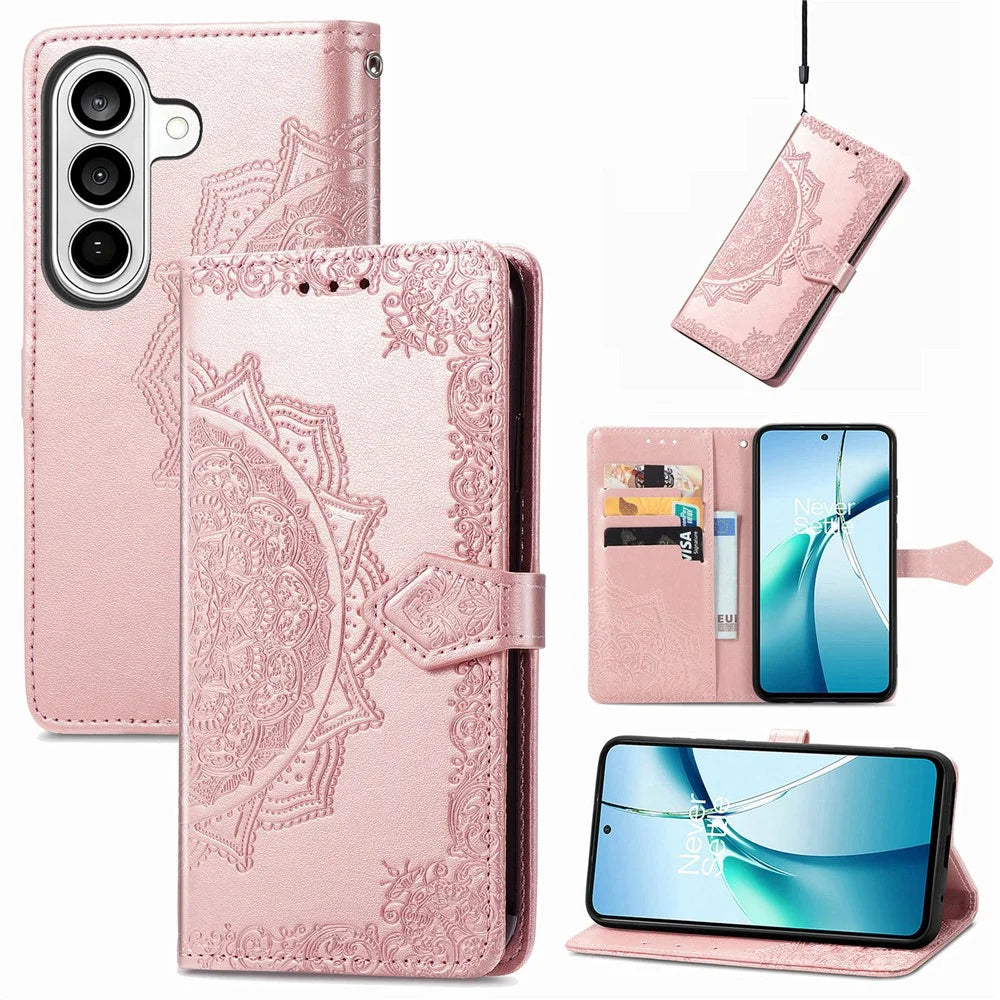For Samsung Galaxy A57 5G Wallet Case Mandala Flower Leather Phone Cover Stand - Rose Gold - 5