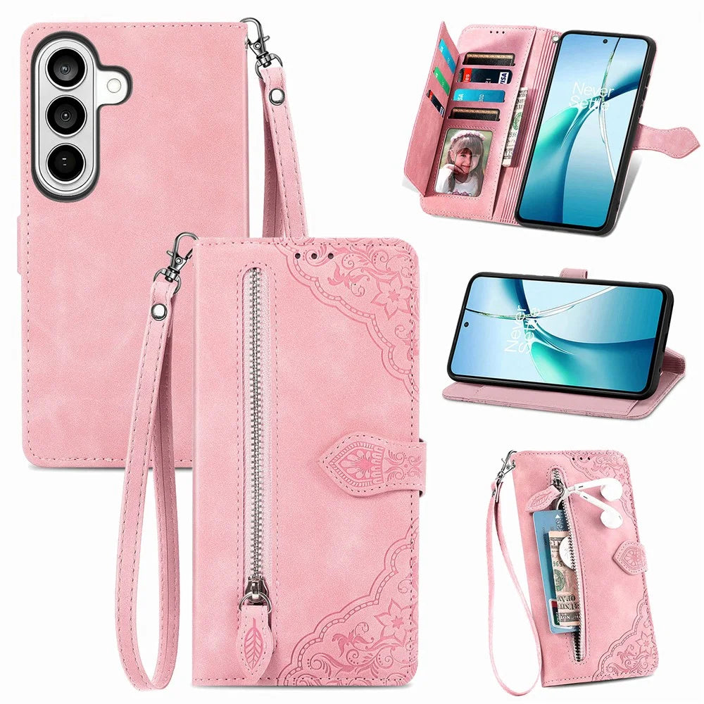 For Samsung Galaxy A57 5G Zipper Wallet Case with Strap Flower Imprint PU Leather Phone Cover - Pink - 1