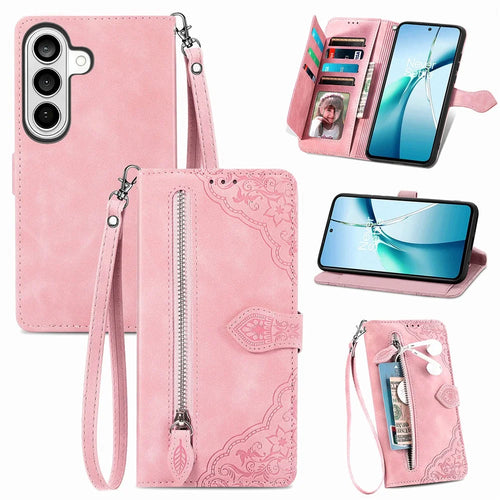 For Samsung Galaxy A37 5G Zipper Wallet Case with Strap Flower Imprint PU Leather Phone Cover - Pink - 1