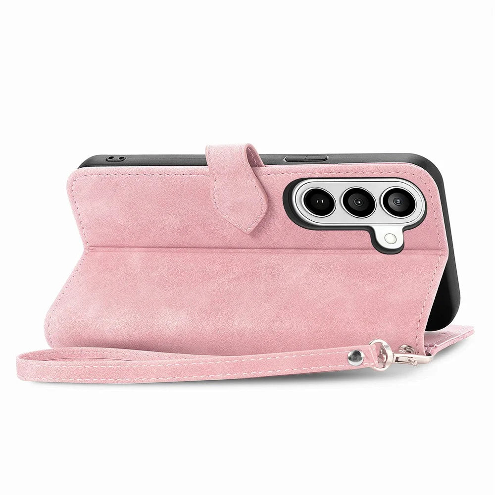 For Samsung Galaxy A37 5G Zipper Wallet Case with Strap Flower Imprint PU Leather Phone Cover - Pink - 4