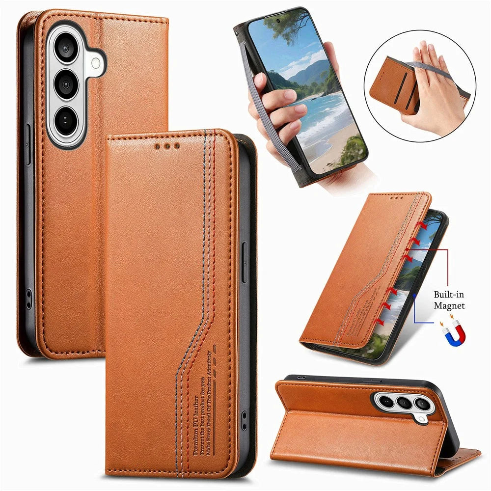 For Samsung Galaxy A37 5G Case Wallet Tri-Color Stitching Leather Phone Cover with Elastic Wristband - Brown - 1