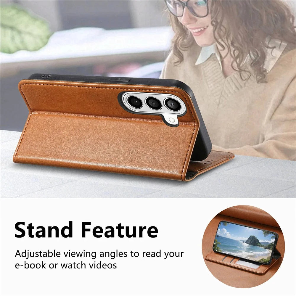 For Samsung Galaxy A37 5G Case Wallet Tri-Color Stitching Leather Phone Cover with Elastic Wristband - Brown - 3