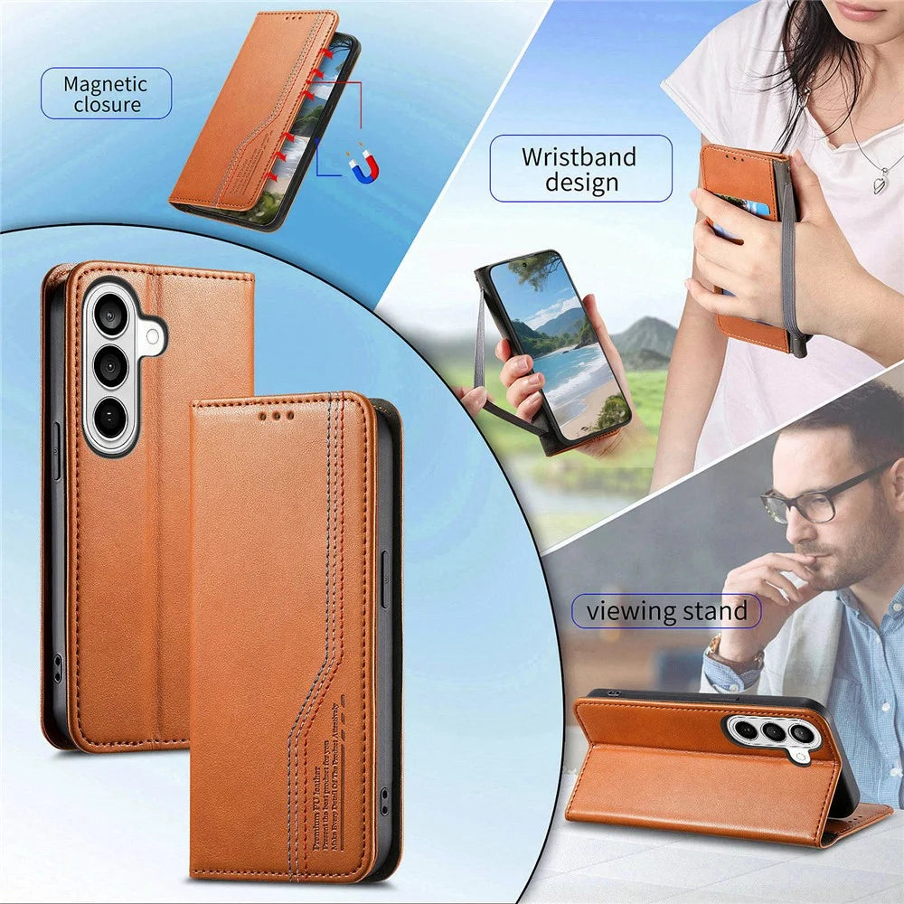 For Samsung Galaxy A37 5G Case Wallet Tri-Color Stitching Leather Phone Cover with Elastic Wristband - Brown - 4
