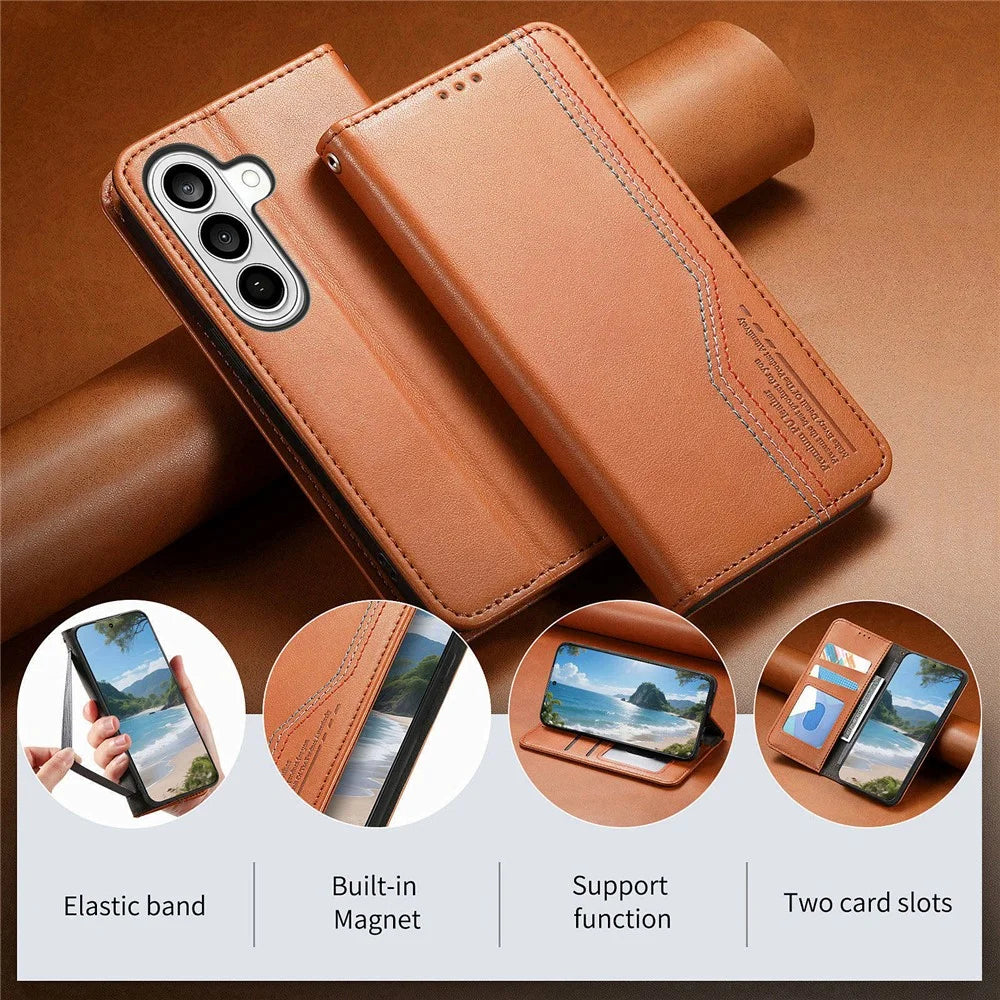 For Samsung Galaxy A37 5G Case Wallet Tri-Color Stitching Leather Phone Cover with Elastic Wristband - Brown - 5