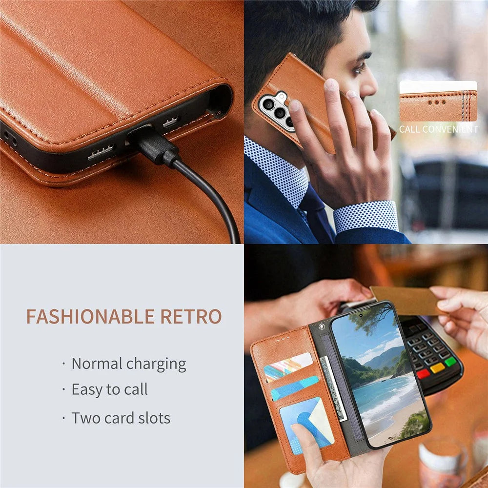 For Samsung Galaxy A37 5G Case Wallet Tri-Color Stitching Leather Phone Cover with Elastic Wristband - Brown - 6