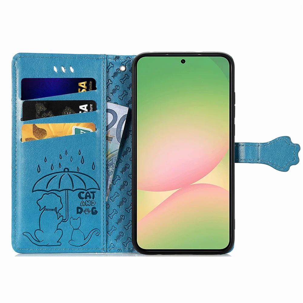 For Samsung Galaxy A57 5G Case Flip Wallet Leather Phone Cover with Cute Cat Dog Pattern - Blue - 2