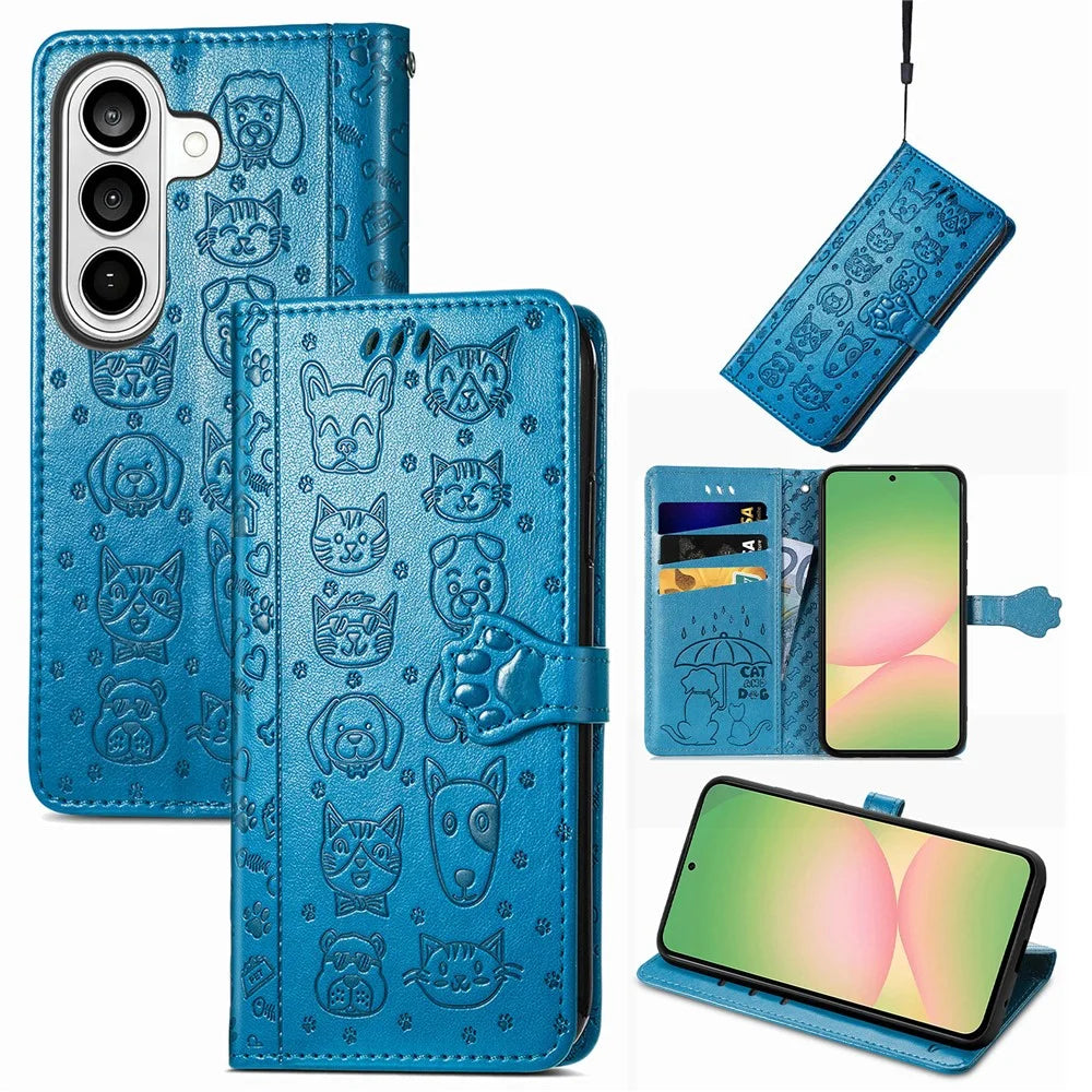 For Samsung Galaxy A57 5G Case Flip Wallet Leather Phone Cover with Cute Cat Dog Pattern - Blue - 4