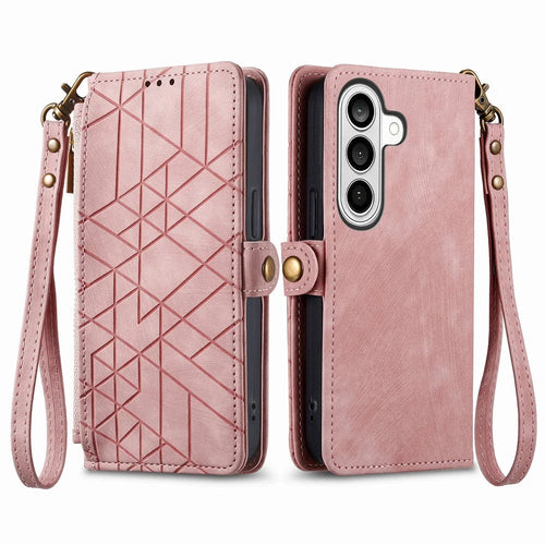 For Samsung Galaxy A57 5G Case Zipper Wallet Geometry Lines Leather Phone Cover with Strap - Pink - 1