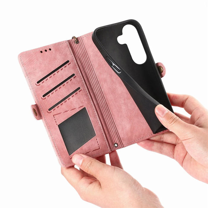 For Samsung Galaxy A57 5G Case Zipper Wallet Geometry Lines Leather Phone Cover with Strap - Pink - 4