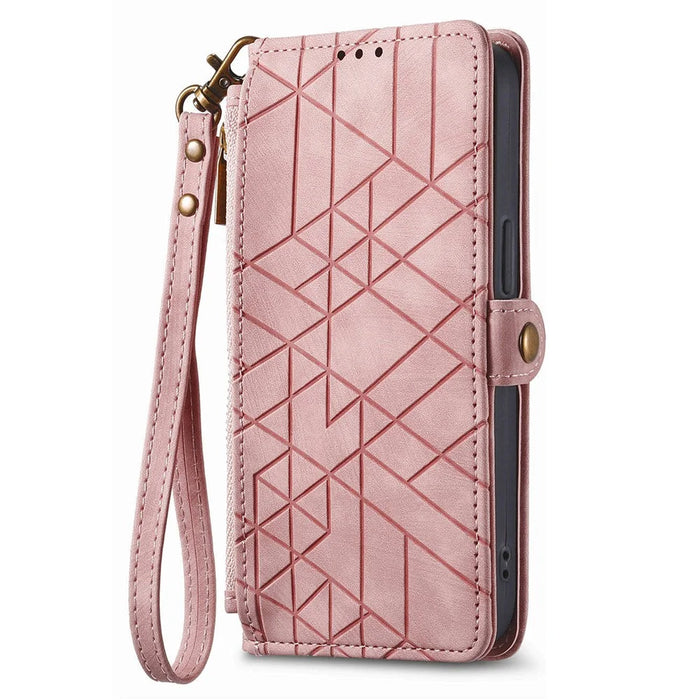 For Samsung Galaxy A57 5G Case Zipper Wallet Geometry Lines Leather Phone Cover with Strap - Pink - 5