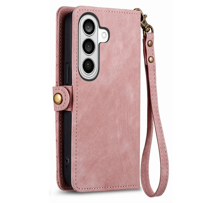 For Samsung Galaxy A57 5G Case Zipper Wallet Geometry Lines Leather Phone Cover with Strap - Pink - 7