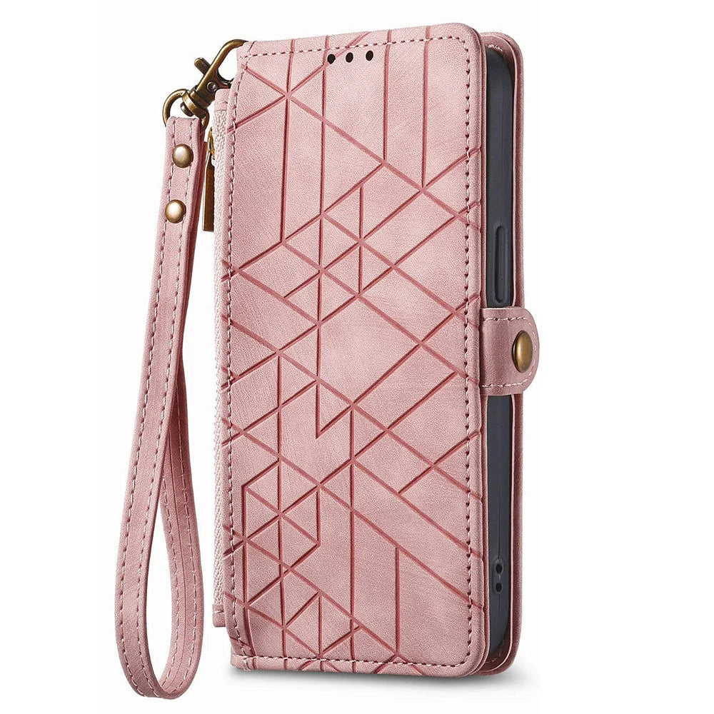 For Samsung Galaxy A37 5G Case Zipper Wallet Geometry Lines Leather Phone Cover with Strap - Pink - 4