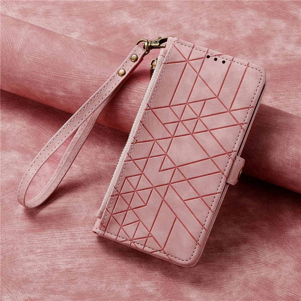 For Samsung Galaxy A37 5G Case Zipper Wallet Geometry Lines Leather Phone Cover with Strap - Pink - 6