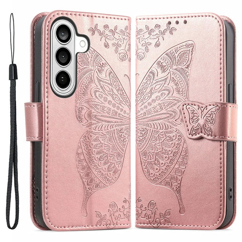 For Samsung Galaxy A57 5G Case with Strap Butterfly Pattern PU Leather Wallet Phone Cover - Rose Gold - 1