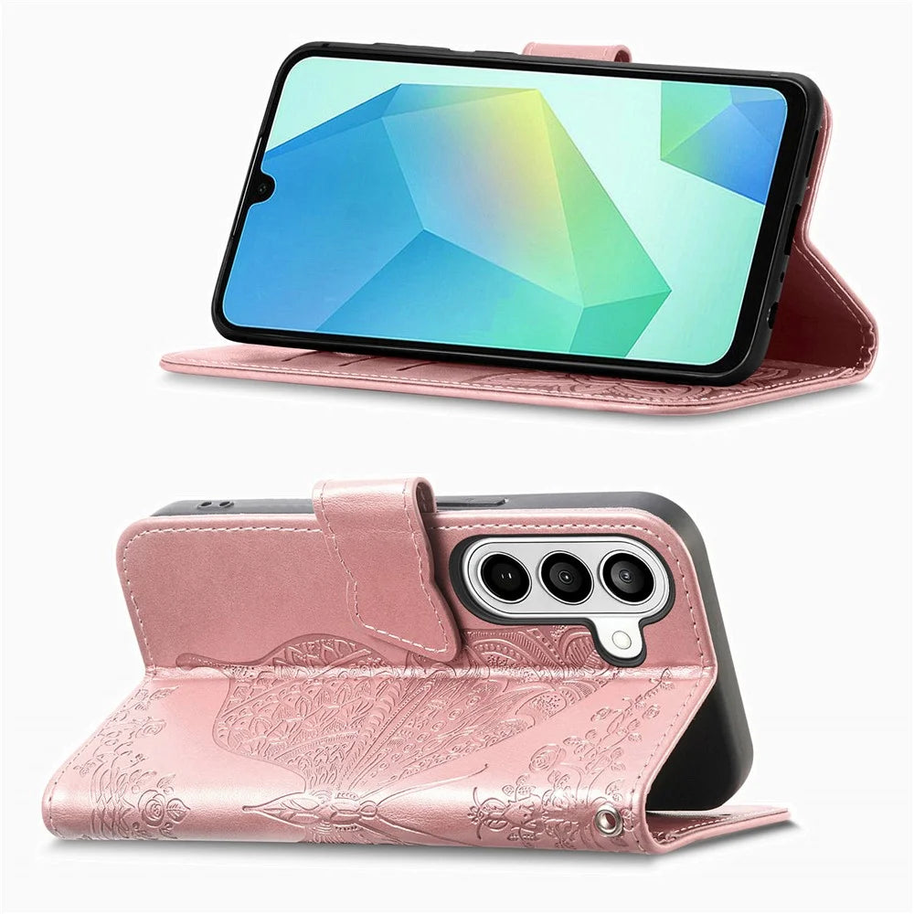 For Samsung Galaxy A57 5G Case with Strap Butterfly Pattern PU Leather Wallet Phone Cover - Rose Gold - 3