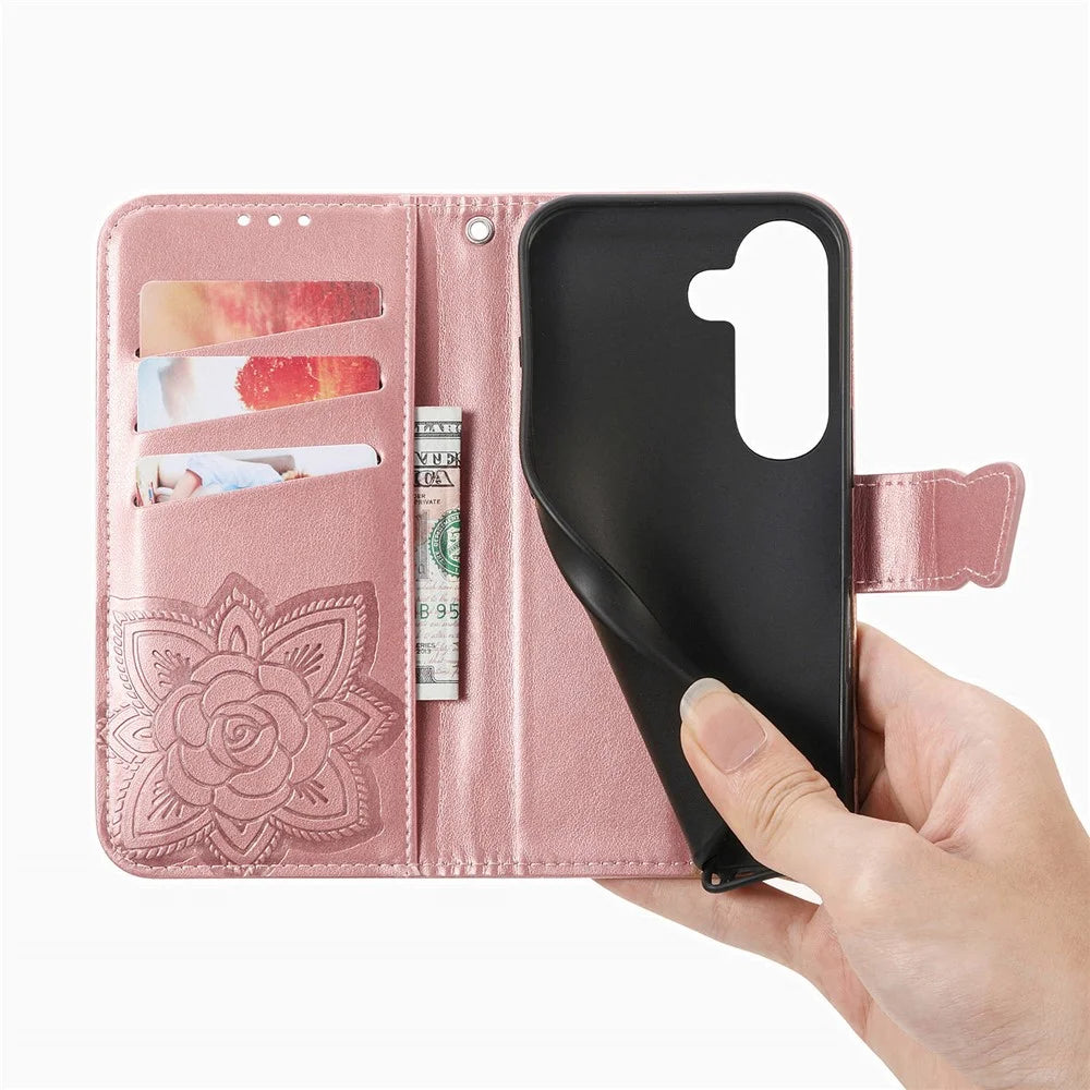 For Samsung Galaxy A57 5G Case with Strap Butterfly Pattern PU Leather Wallet Phone Cover - Rose Gold - 5