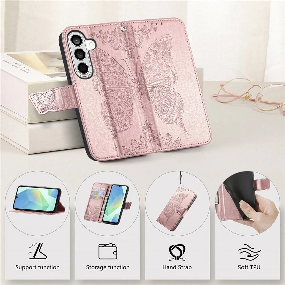 For Samsung Galaxy A57 5G Case with Strap Butterfly Pattern PU Leather Wallet Phone Cover - Rose Gold - 7