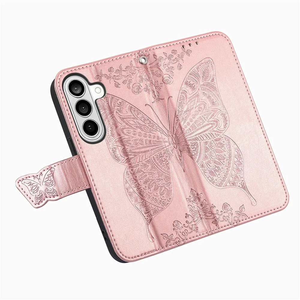 For Samsung Galaxy A37 5G Case with Strap Butterfly Pattern PU Leather Wallet Phone Cover - Rose Gold - 4