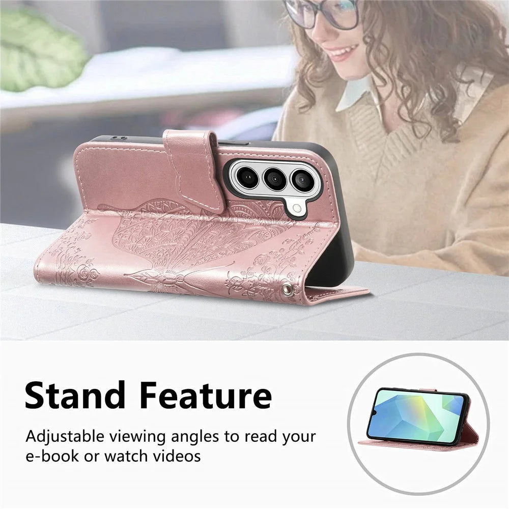 For Samsung Galaxy A37 5G Case with Strap Butterfly Pattern PU Leather Wallet Phone Cover - Rose Gold - 6