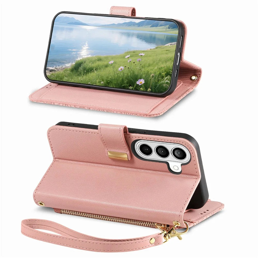 For Samsung Galaxy A57 5G Case Floral Leaf Pattern Multi Card Slots Zipper Leather Phone Cover with Wrist Strap - Pink - 3