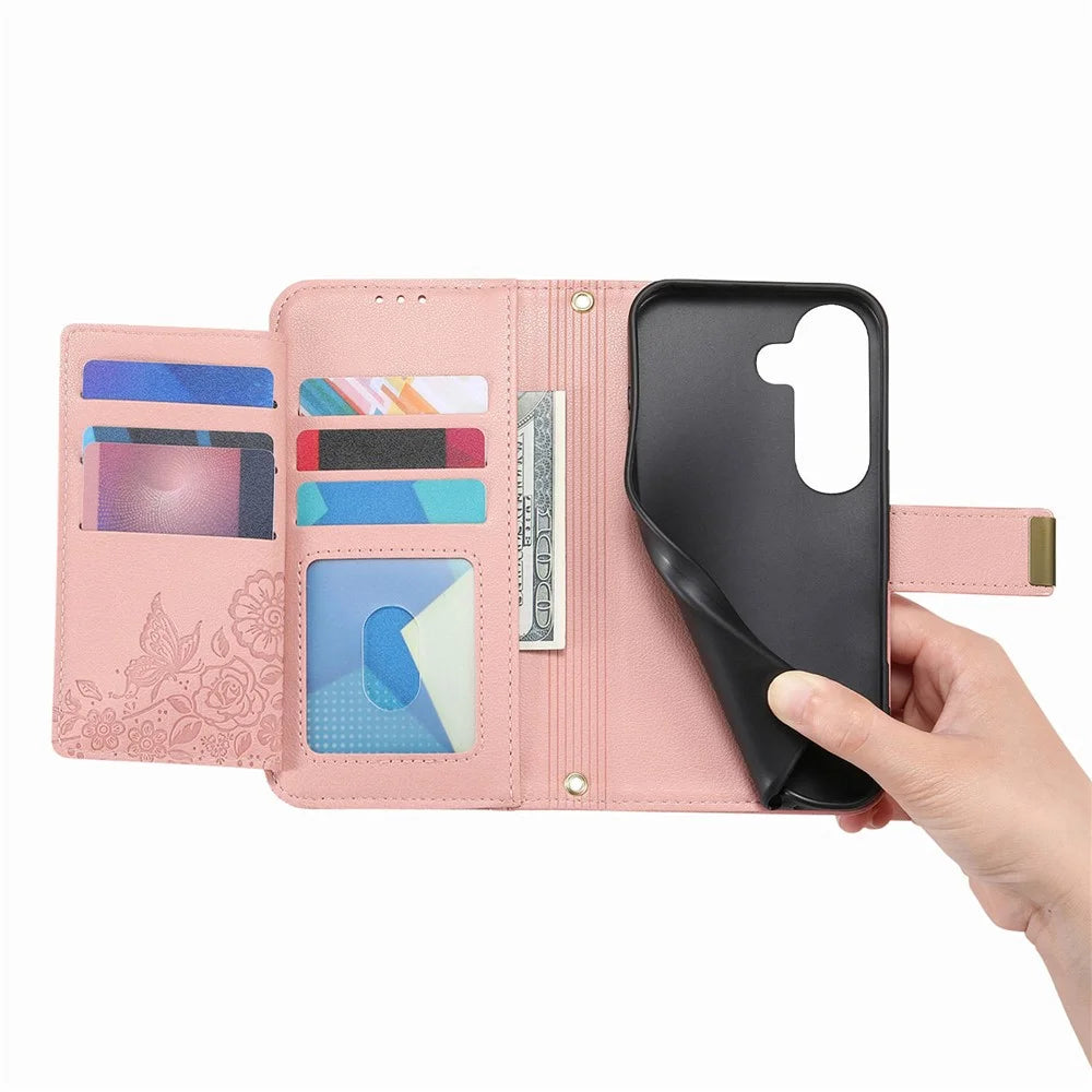 For Samsung Galaxy A57 5G Case Floral Leaf Pattern Multi Card Slots Zipper Leather Phone Cover with Wrist Strap - Pink - 4