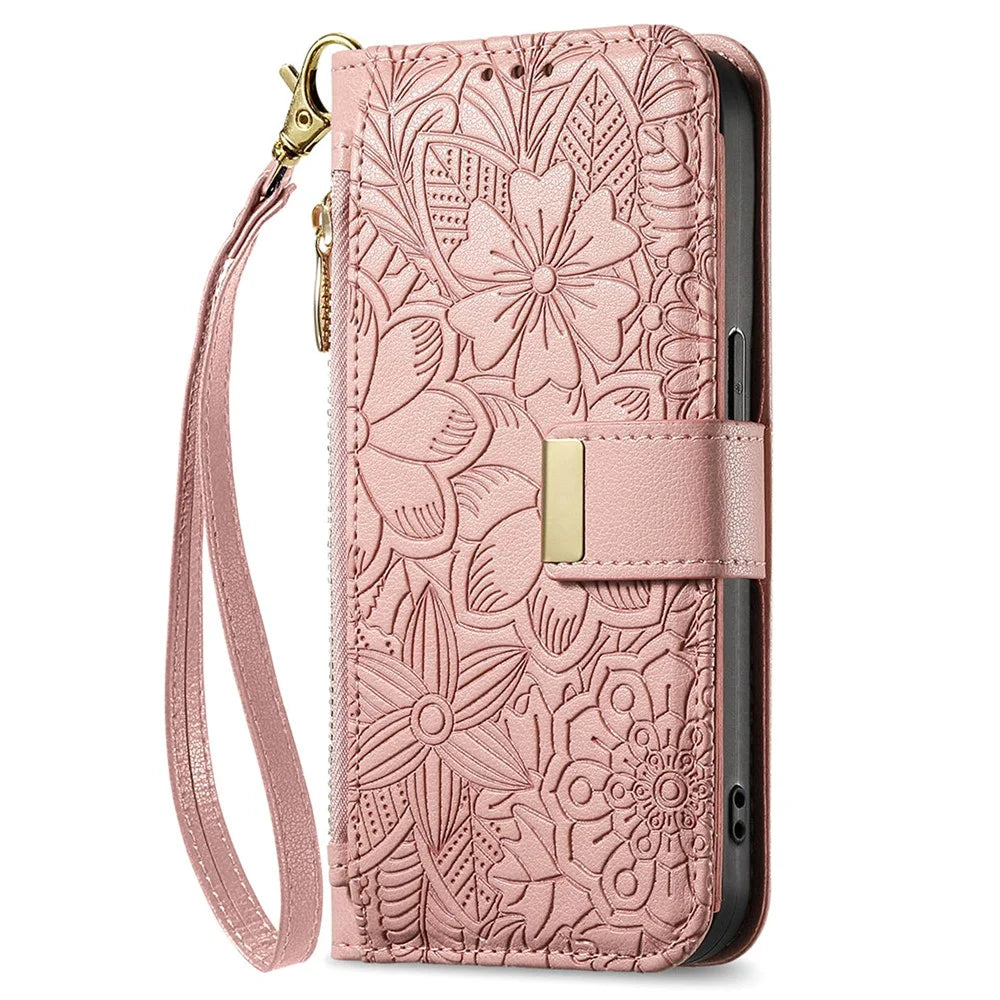 For Samsung Galaxy A57 5G Case Floral Leaf Pattern Multi Card Slots Zipper Leather Phone Cover with Wrist Strap - Pink - 7