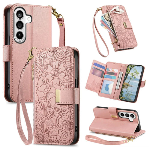 For Samsung Galaxy A37 5G Case Floral Leaf Pattern Multi Card Slots Zipper Leather Phone Cover with Wrist Strap - Pink - 1