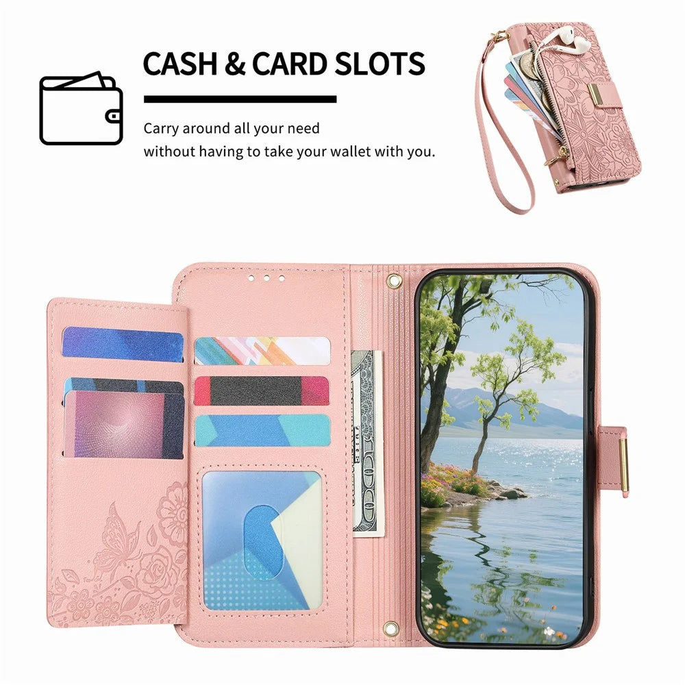 For Samsung Galaxy A37 5G Case Floral Leaf Pattern Multi Card Slots Zipper Leather Phone Cover with Wrist Strap - Pink - 2