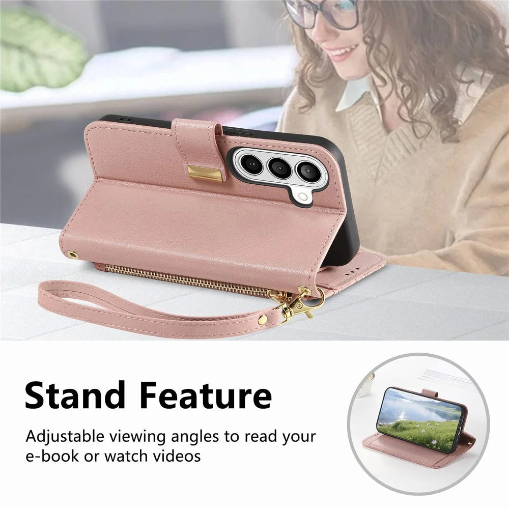 For Samsung Galaxy A37 5G Case Floral Leaf Pattern Multi Card Slots Zipper Leather Phone Cover with Wrist Strap - Pink - 5
