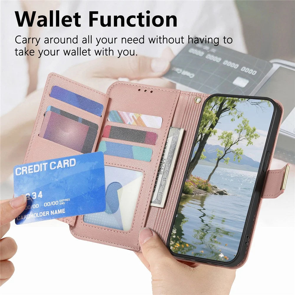 For Samsung Galaxy A37 5G Case Floral Leaf Pattern Multi Card Slots Zipper Leather Phone Cover with Wrist Strap - Pink - 6