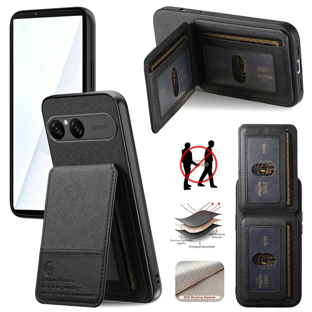 For Sony Xperia 10 VII Case Cloth Texture Leather + PC + TPU Cover with RFID Blocking Card Holder - Black - 1