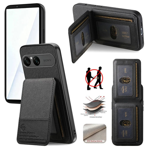 For Sony Xperia 10 VII Case Cloth Texture Leather + PC + TPU Cover with RFID Blocking Card Holder - Black - 1